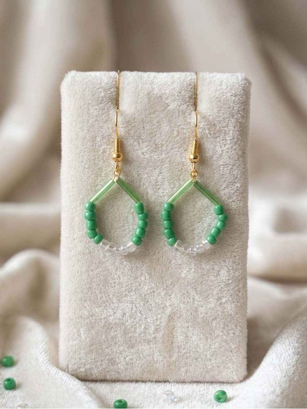Handmade Green Beaded Teardrop Earrings - Gold Hooks